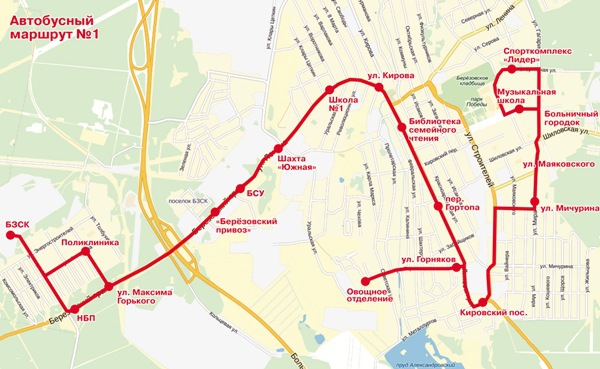 Схема движения автобуса по маршруту № 1 в городе Берёзовском